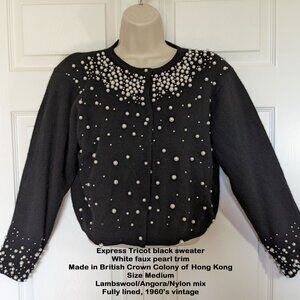 Express Tricot black sweater, White faux pearl trim Made British Crown Hong Kong